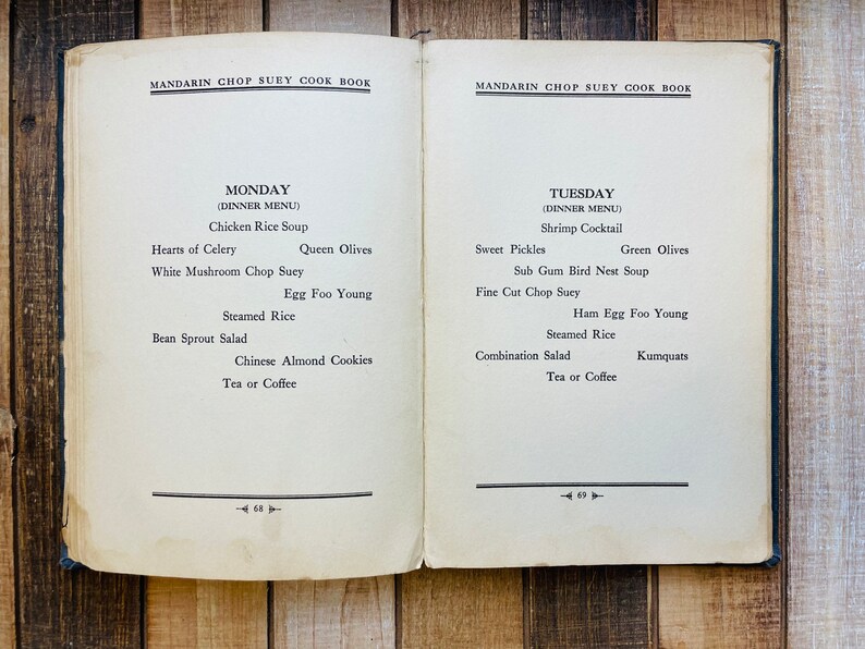 Pu&ograve; includere: Libro di cucina aperto, intitolato "Mandarin Chop Suey Cook Book", che mostra due pagine affiancate. La pagina di sinistra elenca un menu per la cena del luned&igrave;, tra cui Zuppa di pollo e Egg Foo Young. La pagina di destra elenca un menu per la cena del marted&igrave; con Cocktail di gamberetti e Kumquat.