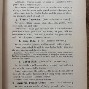 May include: A page from a vintage cookbook titled "CHOCOLATES." The text details recipes for cocoa, French chocolate, rice milk, coffee milk, and improved French coffee. Measurements are in ounces, pints, and quarts.