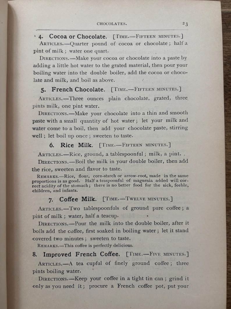 May include: A page from a vintage cookbook titled "CHOCOLATES." The text details recipes for cocoa, French chocolate, rice milk, coffee milk, and improved French coffee. Measurements are in ounces, pints, and quarts.