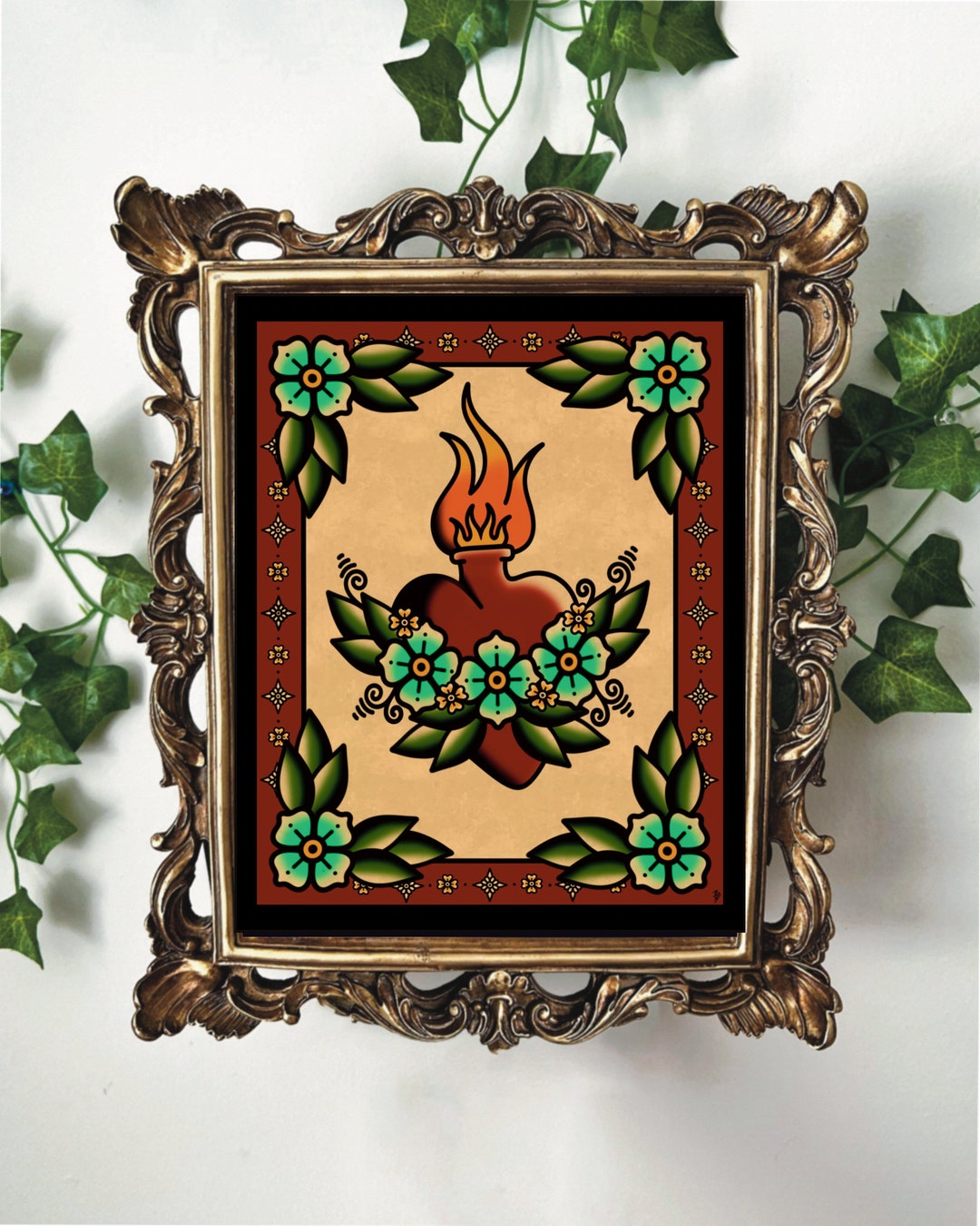 American Traditional Sacred Heart and Flowers Tattoo Flash Art Print - Etsy