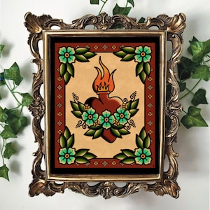 American Traditional Sacred Heart and Flowers Tattoo Flash Art Print