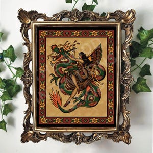American Traditional Dragon Tamer Classic Old School Tattoo Flash Art Print// Lady and Dragon