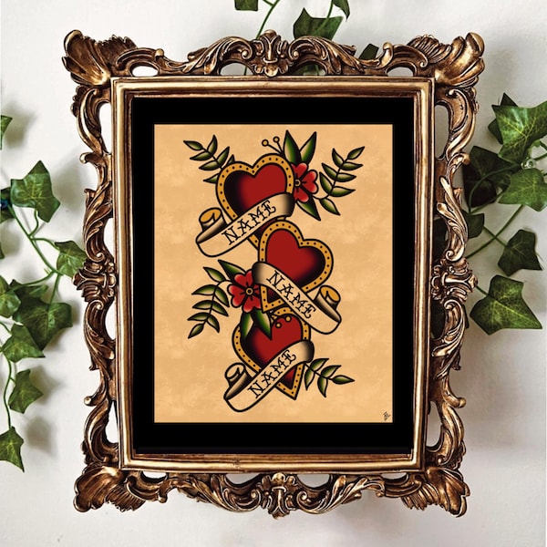 Custom Name Couples/Family Gift 3 American Traditional Hearts Tattoo Flash Art Print
