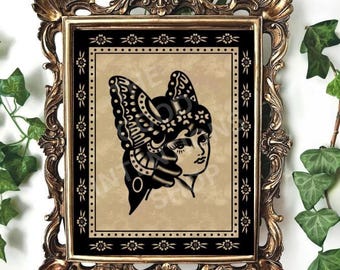 American Traditional Butterfly Lady Head Tattoo Flash Art Print