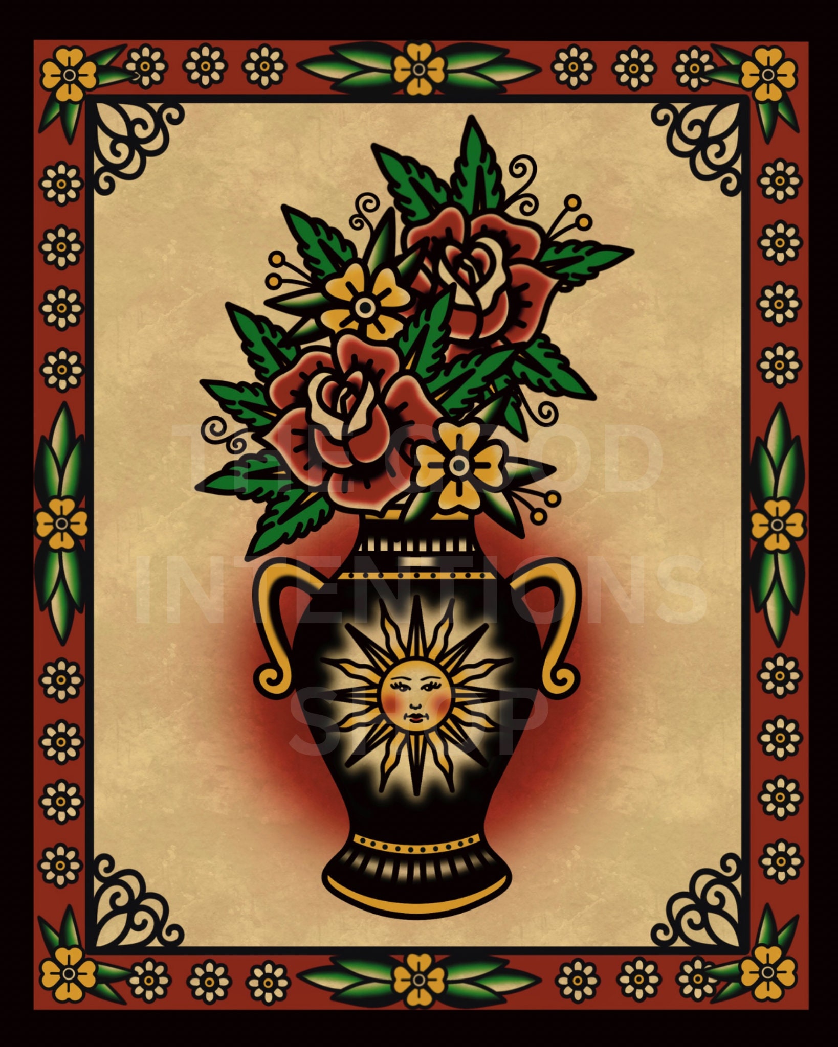American Traditional Flower Vase Tattoo Flash Art Print - Etsy