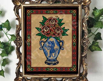 May include: A framed illustration of a blue and white vase with a red and green floral arrangement and a black panther inside the vase. The vase is surrounded by a red, yellow, and green border.