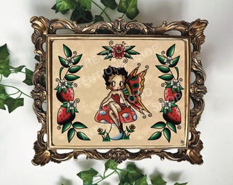 American Traditional Betty Boop Butterfly//  Mushroom// Strawberries Vintage Tattoo Flash Art Print