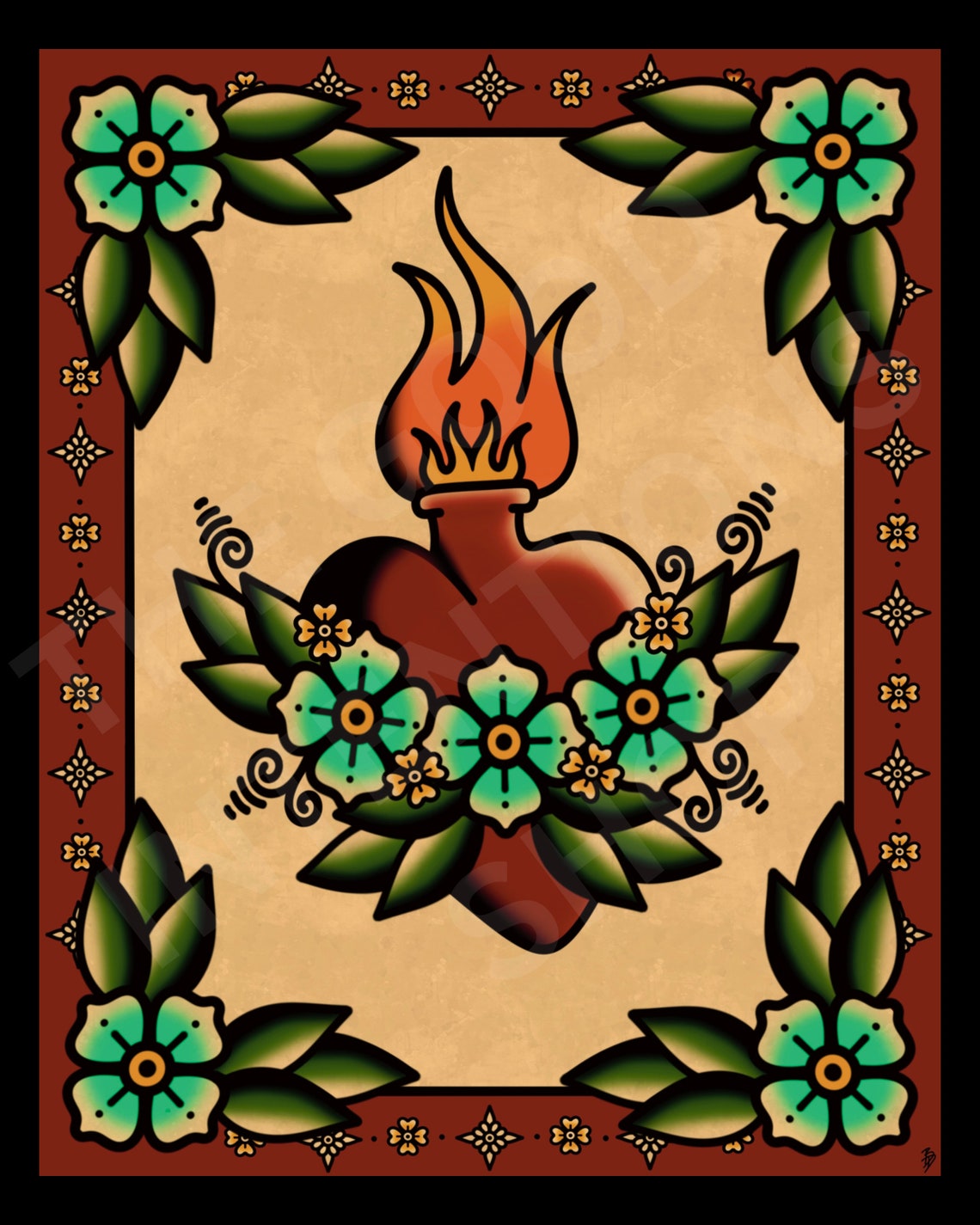 American Traditional Sacred Heart and Flowers Tattoo Flash Art Print - Etsy