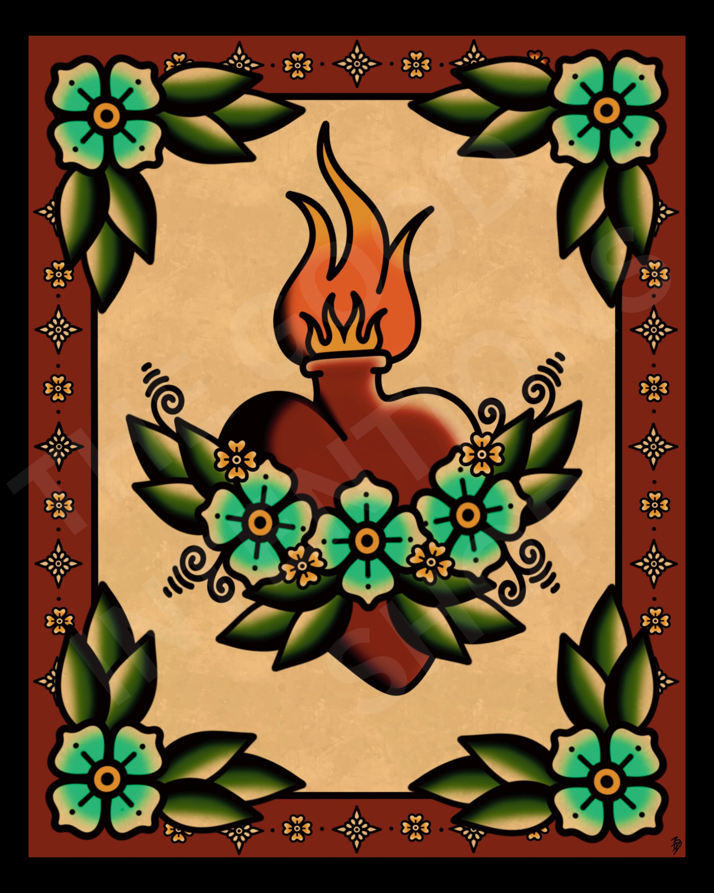 American Traditional Sacred Heart and Flowers Tattoo Flash Art Print - Etsy