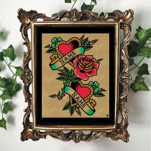 Custom Name Couples Gift Bright/ Colorful American Traditional Rose & Hearts Tattoo Flash Art Print