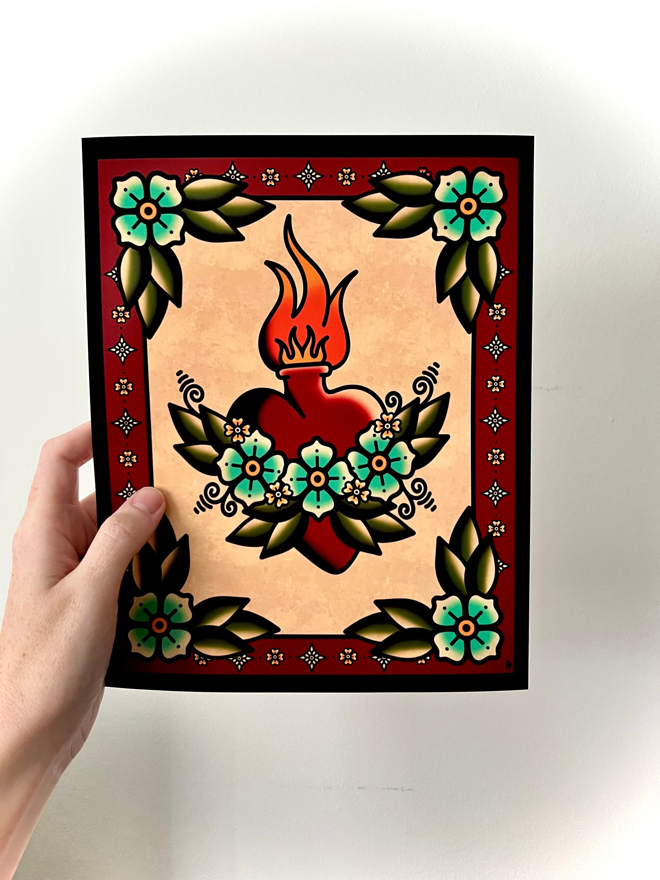 American Traditional Sacred Heart and Flowers Tattoo Flash Art Print - Etsy