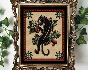 American Traditional Panther and Strawberries Tattoo Flash Art Print