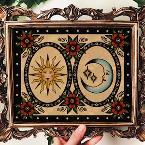 American Traditional Sun and Moon Celestial Tattoo Flash Art Print