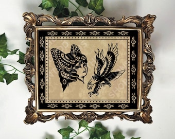 American Traditional Butterfly Lady Head & Eagle Tattoo Flash Art Print