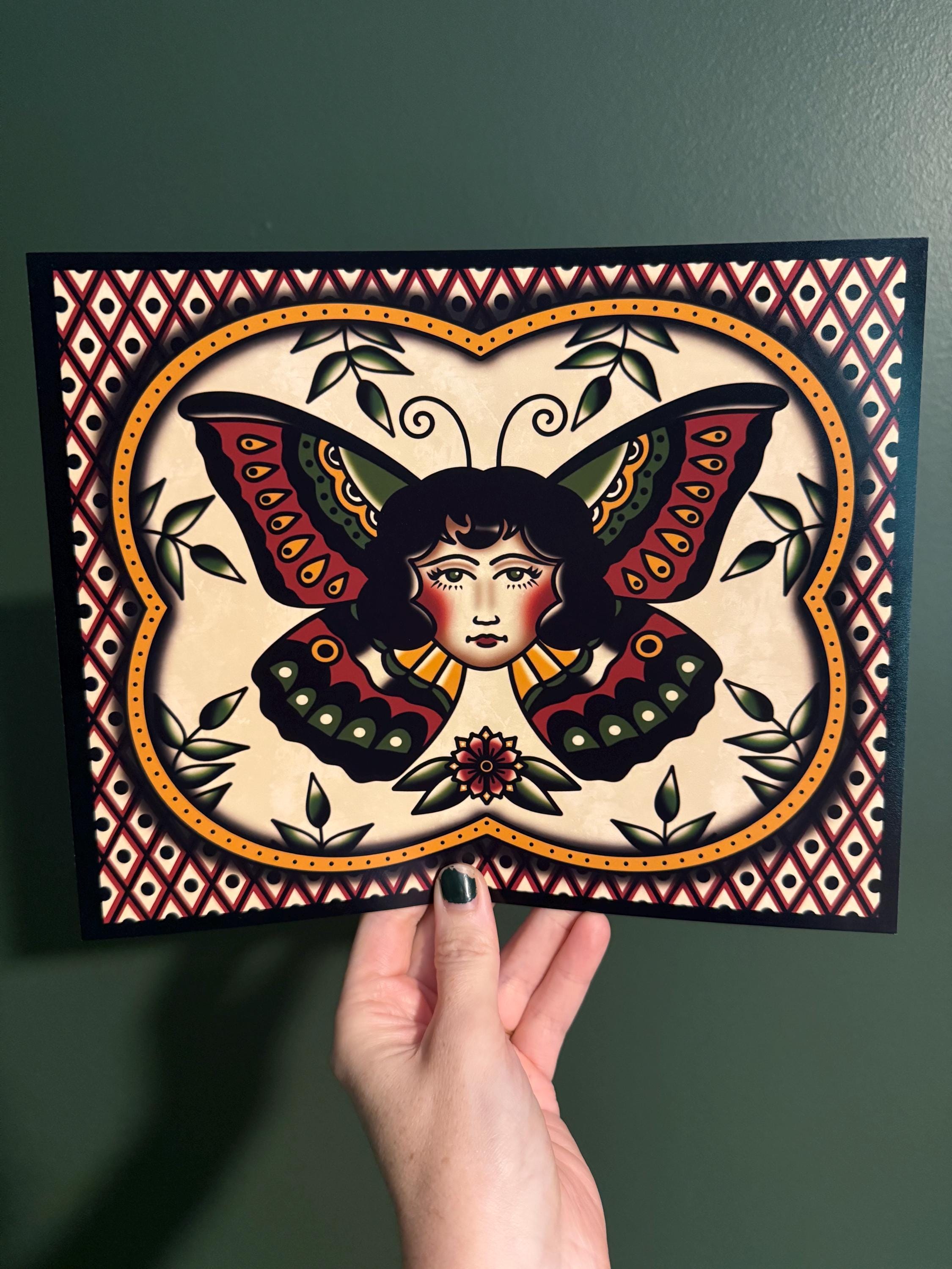 American Traditional Butterfly Lady Head Tattoo Flash Art Print - Etsy