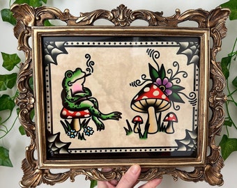 American Traditional Frog and Mushroom Flash Art Print