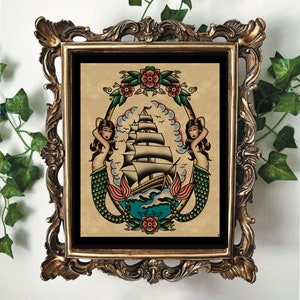 American Traditional Mermaids And Clipper Ship Tattoo Flash Art Print