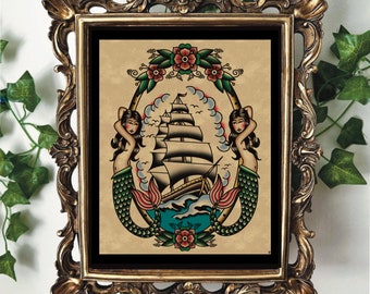 May include: A vintage-style illustration of two mermaids flanking a ship sailing on a blue sea. The mermaids have long flowing hair and tails, and the ship has white sails and a brown hull. The image is framed in a gold ornate frame.