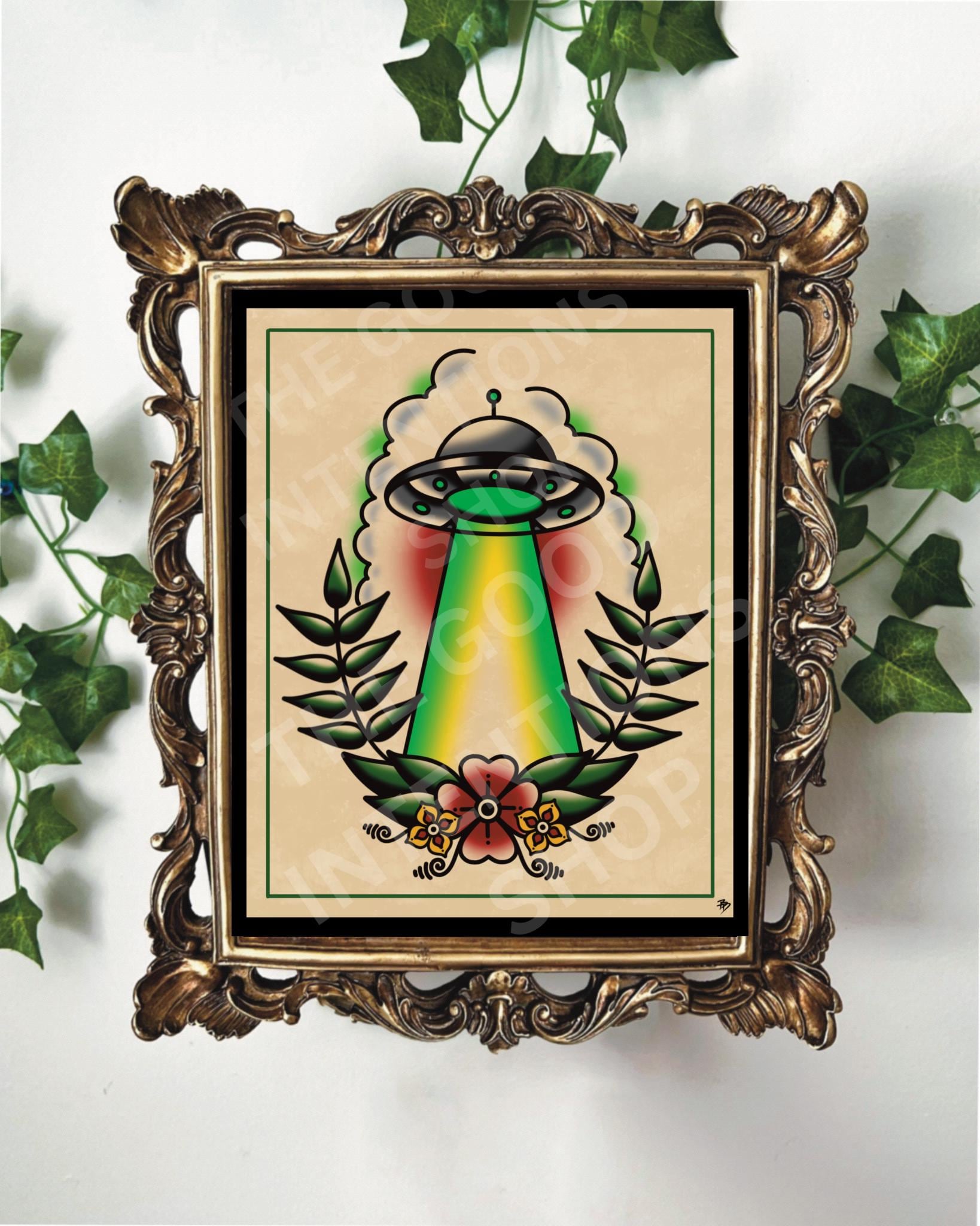 American Traditional UFO Alien Spaceship Tattoo Flash Art Print - Etsy