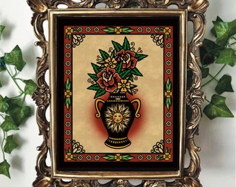American Traditional Flower Vase Tattoo Flash Art Print