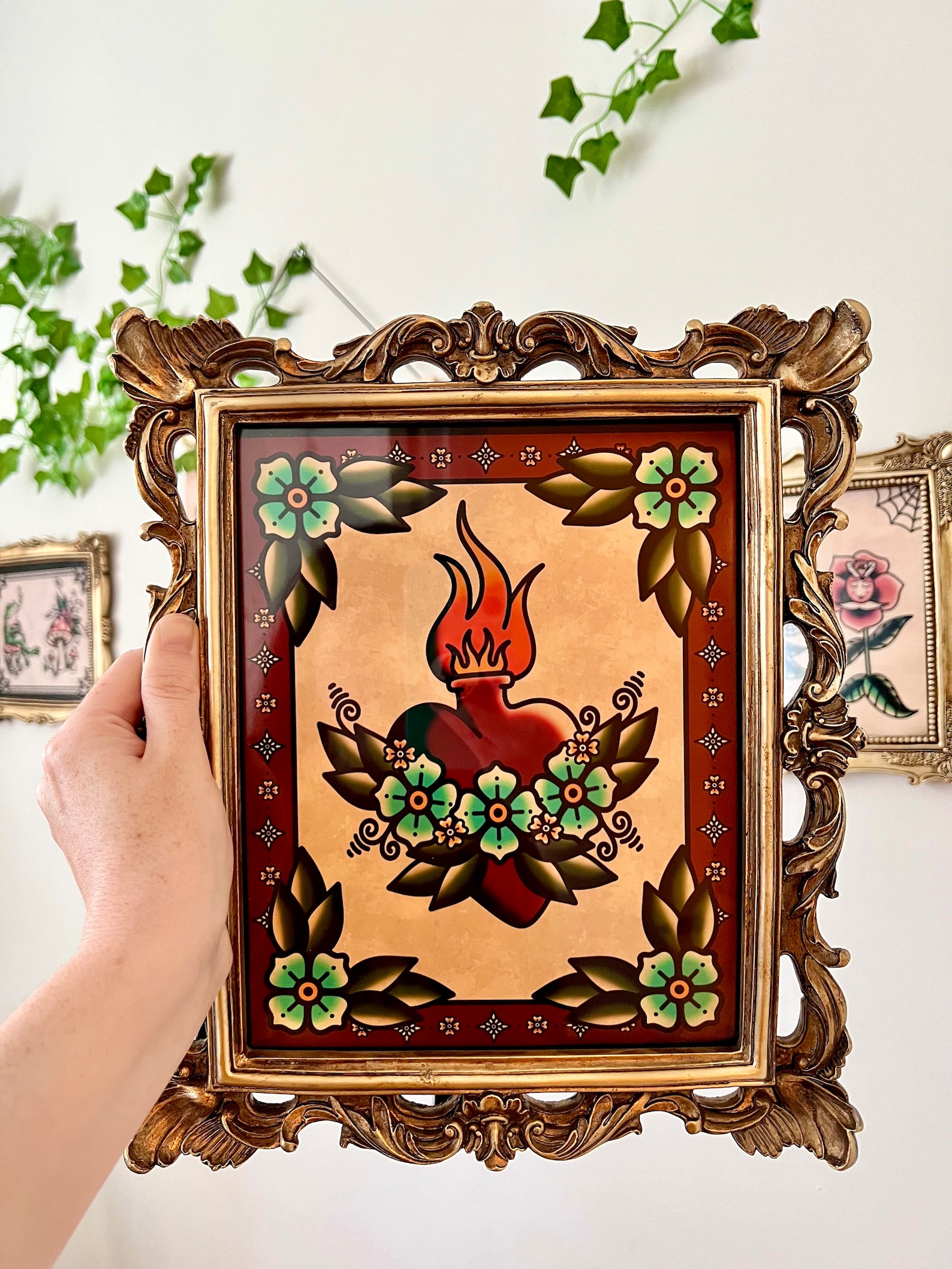 American Traditional Sacred Heart and Flowers Tattoo Flash Art Print - Etsy