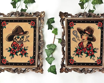 American Traditional Cowgirl and Cowboy Tattoo Flash Art Print
