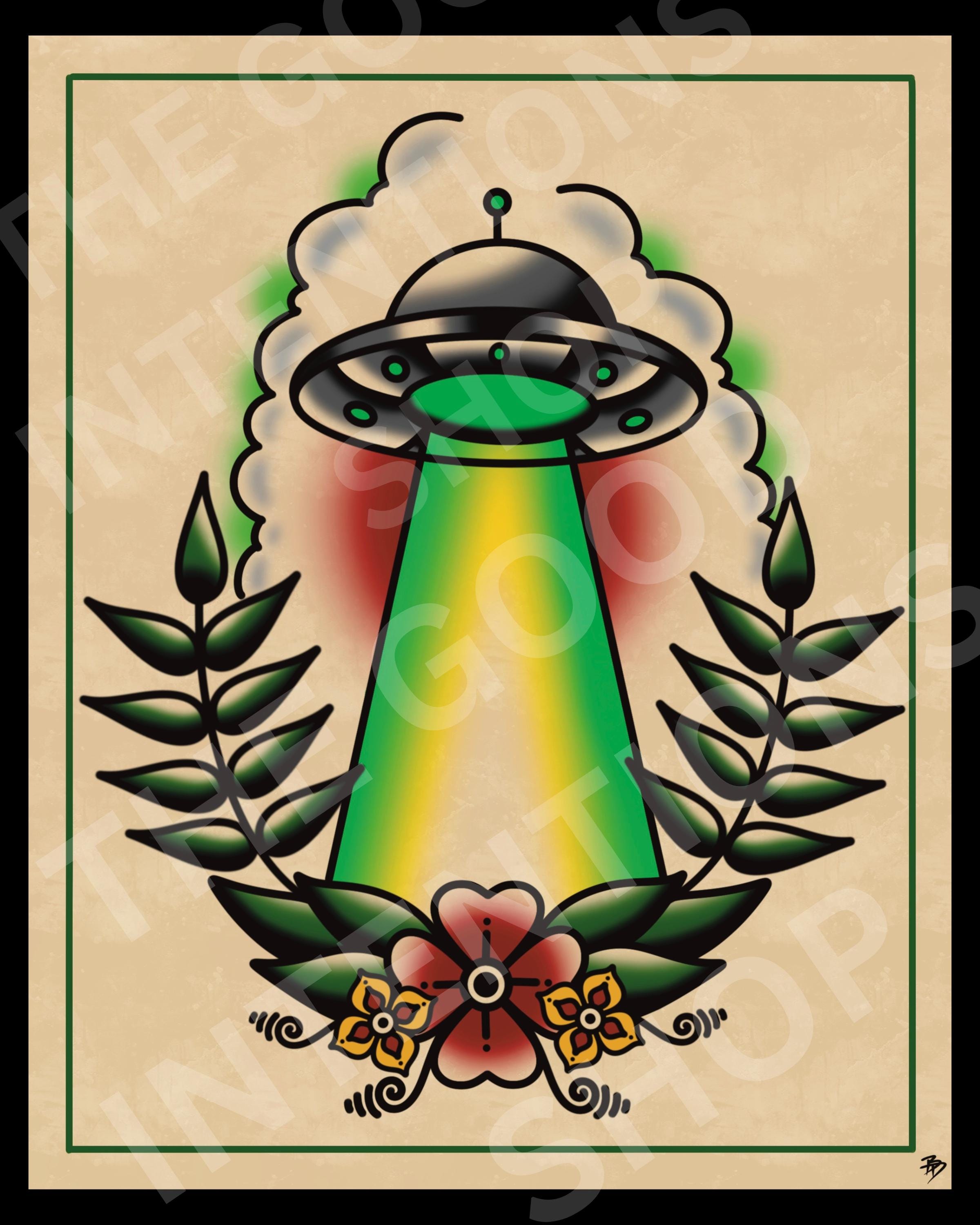 American Traditional UFO Alien Spaceship Tattoo Flash Art Print - Etsy