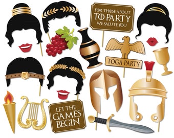 Accessori per photo booth a tema toga, festa romana, festa in piscina, festa di compleanno - 19 accessori per photo booth a tema toga - Download immediato.