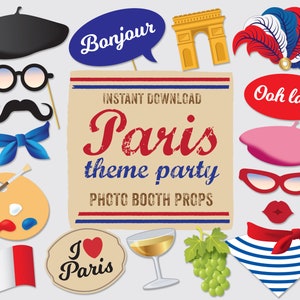 Accessori per Photo Booth di Parigi, accessori per feste stampabili "Vive La France", accessori francesi, festa di compleanno, 32 accessori scaricabili digitalmente all'istante.