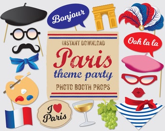 Paris Photo Booth Props, Vive La France Printable Party Props, French Props, Birthday Party, 32 Props Instant Digital Download.