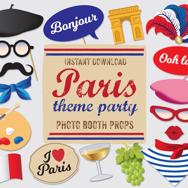 Paris Photo Booth Props, Vive La France Printable Party Props, French Props, Birthday Party, 32 Props Instant Digital Download.