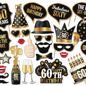 May include: A set of 16 black and gold photo booth props for a 60th birthday party. The props include a variety of fun and festive designs, such as a cake, a champagne bottle, a crown, a moustache, and a pair of sunglasses. The props are perfect for adding some extra fun to your 60th birthday celebration.