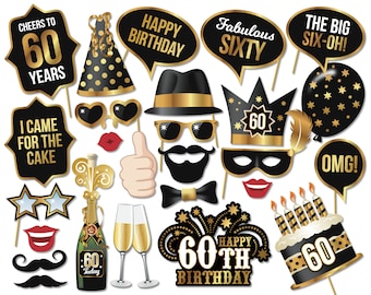Puede incluir: Un conjunto de 16 accesorios de cabina de fotos negros y dorados para una fiesta de cumpleaños número 60. Los accesorios incluyen una variedad de diseños divertidos y festivos, como un pastel, una botella de champán, una corona, un bigote y un par de gafas de sol. Los accesorios son perfectos para agregar un poco de diversión adicional a tu celebración de cumpleaños número 60.
