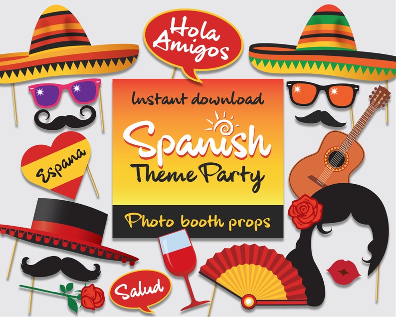 Pu&ograve; includere: Un set di 10 accessori per foto booth a tema spagnolo, tra cui un sombrero, occhiali da sole, un baffo, un cuore con la parola "Espa&ntilde;a", una chitarra, un bicchiere di vino, un ventaglio, una rosa, un fumetto con la parola "Salud" e un fumetto con le parole "Hola Amigos".