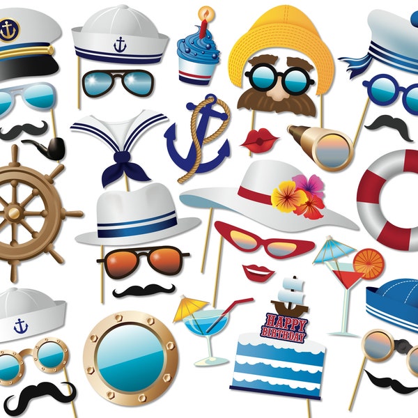 Nautical Photo Props, Navy photo booth Party, Cruise Party Props, Birthday Party - 33 Printable Party Props.