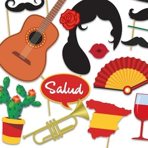 Pu&ograve; includere: Un set di 10 accessori per foto booth a tema spagnolo, tra cui una chitarra, un ventaglio, un bicchiere di vino, una tromba, un cactus, un baffo, un viso di donna e un cartello che dice "Salud".