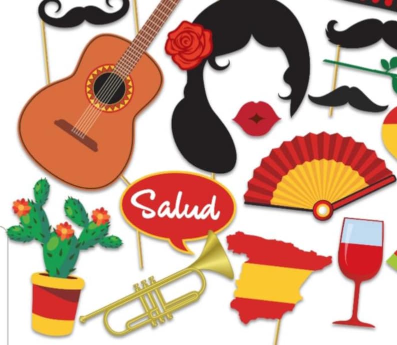 Pu&ograve; includere: Un set di 10 accessori per foto booth a tema spagnolo, tra cui una chitarra, un ventaglio, un bicchiere di vino, una tromba, un cactus, un baffo, un viso di donna e un cartello che dice "Salud".