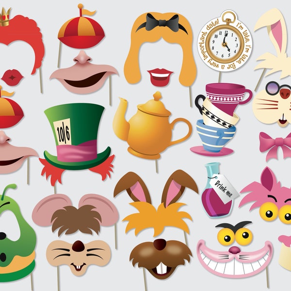 Alice in Wonderland Photo Booth Props, Mad Hatter Party Photo Props, Birthday Party Props, 27 Printable Props - PDF Instant Download.