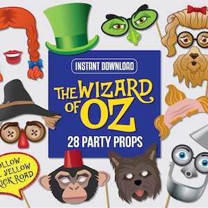 May include: A set of 28 printable party props featuring characters from the Wizard of Oz. The props include Dorothy, the Scarecrow, the Tin Man, the Cowardly Lion, the Wicked Witch of the West, and the Yellow Brick Road. The props are perfect for a Wizard of Oz themed party.