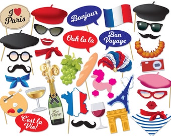 Rekwizyty do francuskiej fotobudki, rekwizyty na imprezę do wydrukowania Vive La France, francuskie rekwizyty, przyjęcie urodzinowe, 32 rekwizyty do natychmiastowego pobrania w wersji cyfrowej.