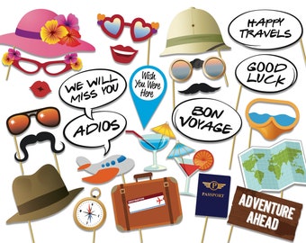 Bon Voyage fotobåsfestrekvisita, bortresan, avskedsfestrekvisita - 26 rekvisita, direkt nedladdning, utskrivbara