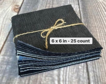 Black and Grey Denim Jean Fabric Squares Bundle 6 x 6 inches - Appliqué, Quilting, and Crafting
