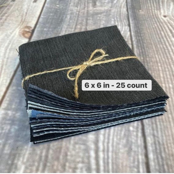 Black and Grey Denim Jean Fabric Squares Bundle 6 x 6 inches - Appliqué, Quilting, and Crafting