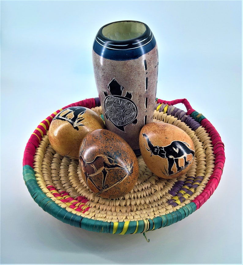 Hand Painted Egg, Handmade African Kenya Kisii Soapstone Egg, Carved