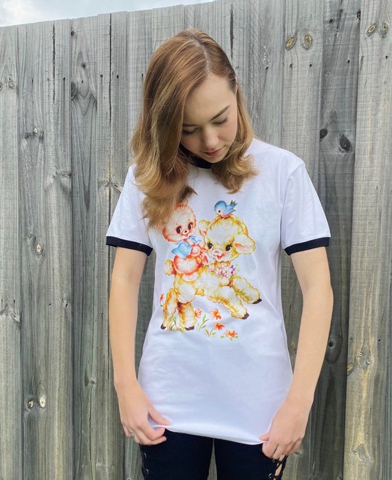 Vintage Lamb Bunny T-shirt Print Retro Sticker Baby Animals