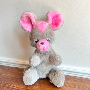 Vintage Galati Toy Novelty co plush mouse grey pink large gund Rushton retro bunny cat old stuffed doll
