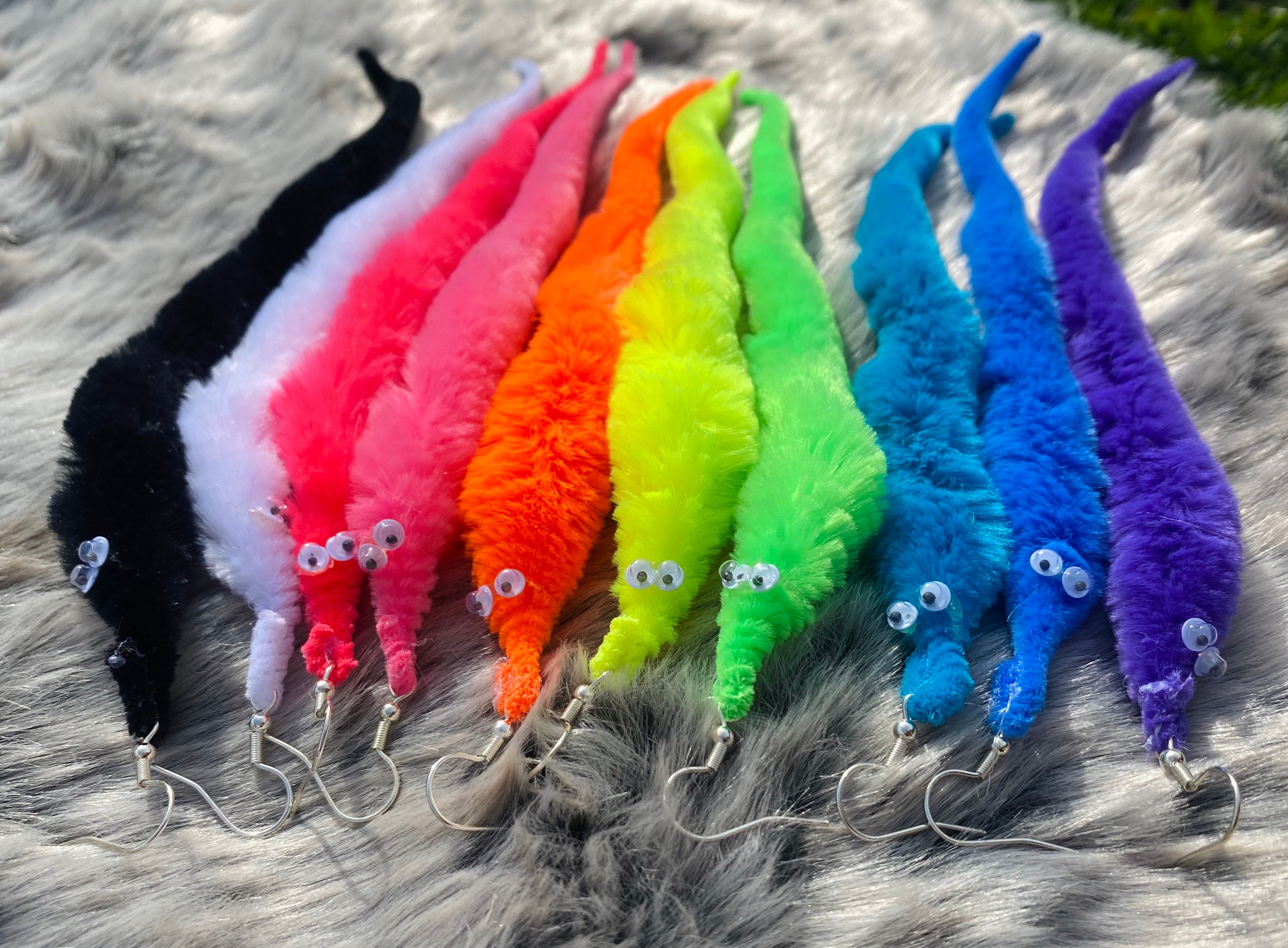 Neon worm on a string earrings handmade toy magic rainbow Etsy