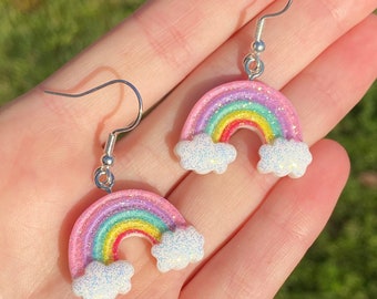 Rainbow glitter cloud sky earrings flat back kawaii unicorn mini magic sparkly pride gay