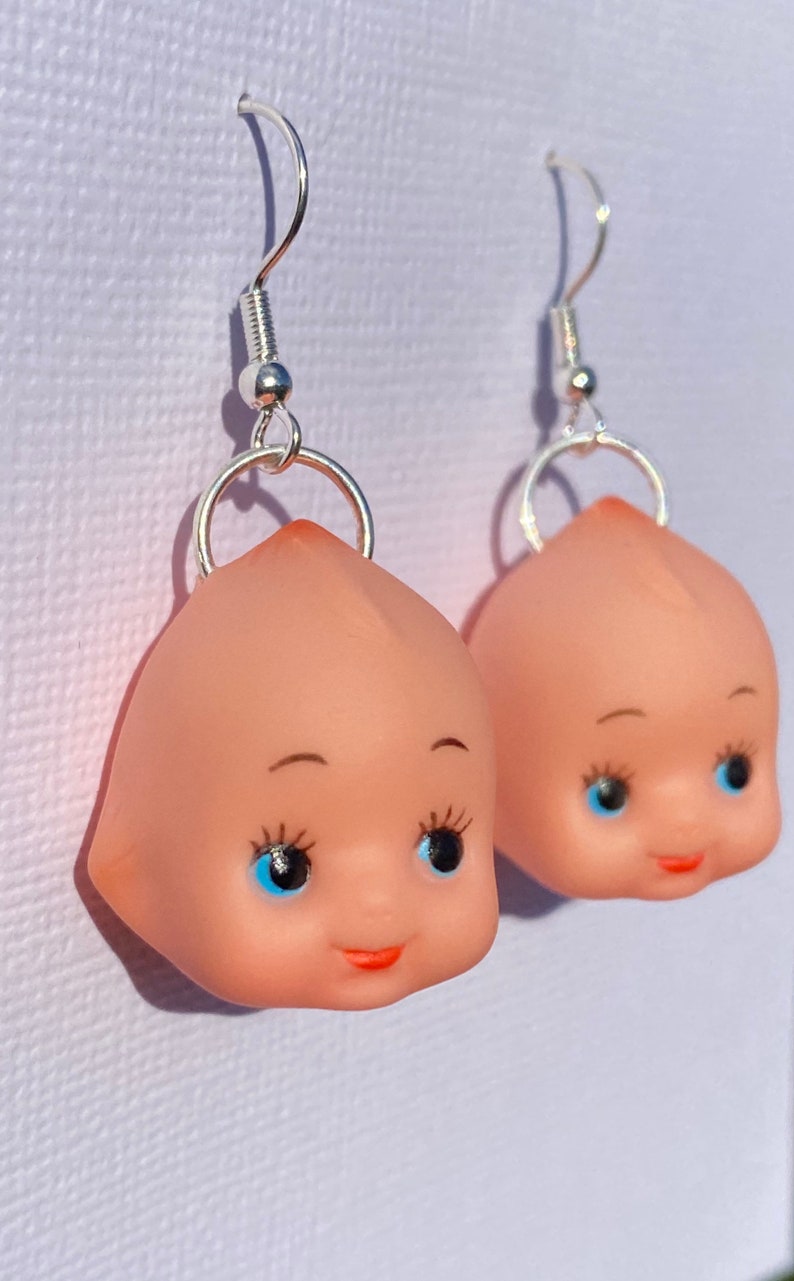 Kewpie doll head baby angel kawaii japan drop earrings silver Etsy