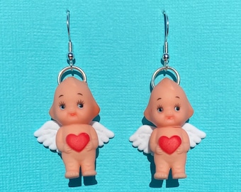 Kewpie doll mini vintage cupid love hearts angel sonny angel silver drop earrings kawaii japan christmas gift heaven